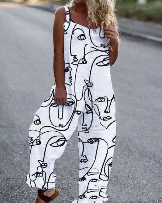 White minimal pattern sleeveless jumpsuit