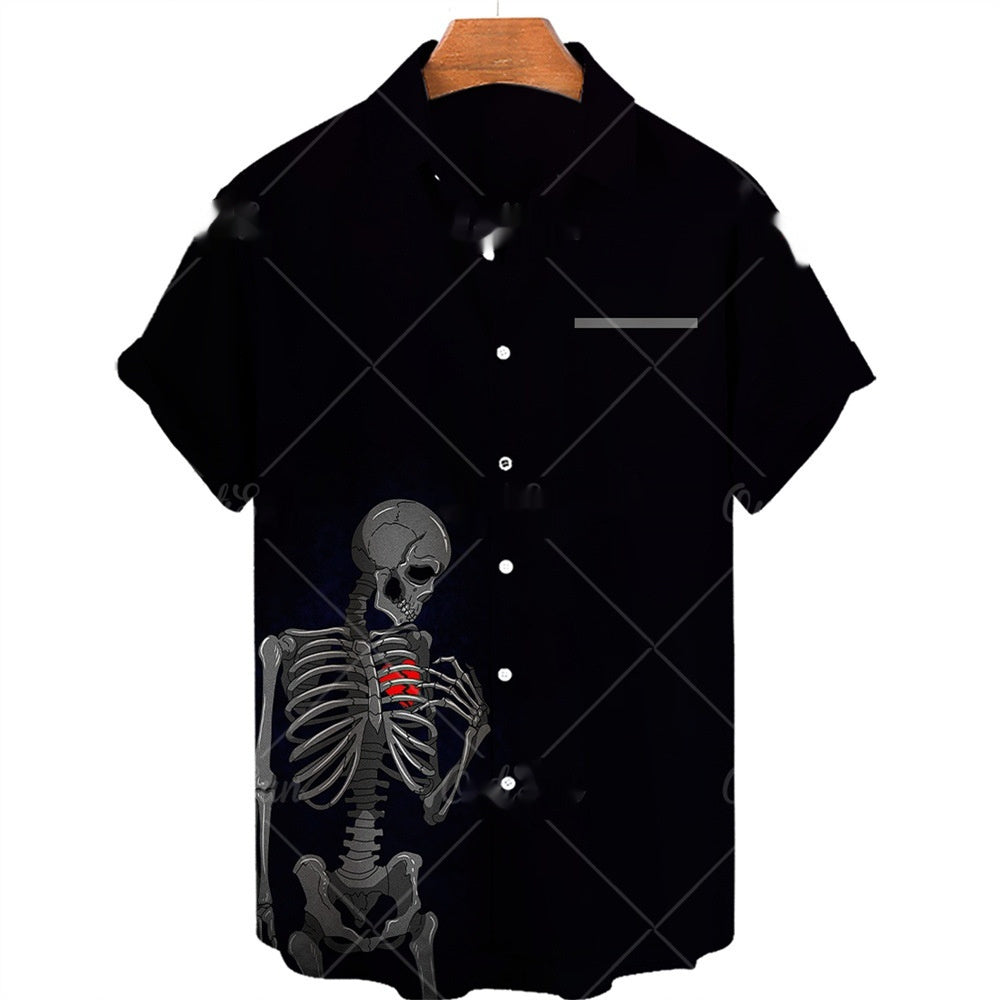 Men's Short-sleeve Lapel Shirt 3D Digital Skull Printed Shirt