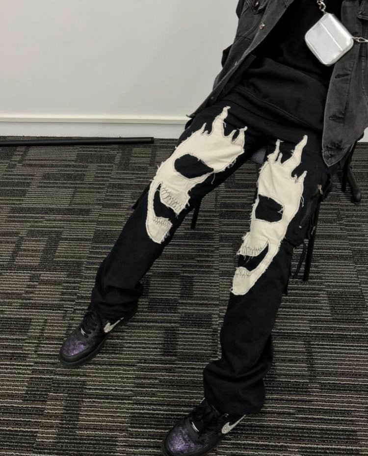 Stitching skull pants multi-pocket functional zipper trousers