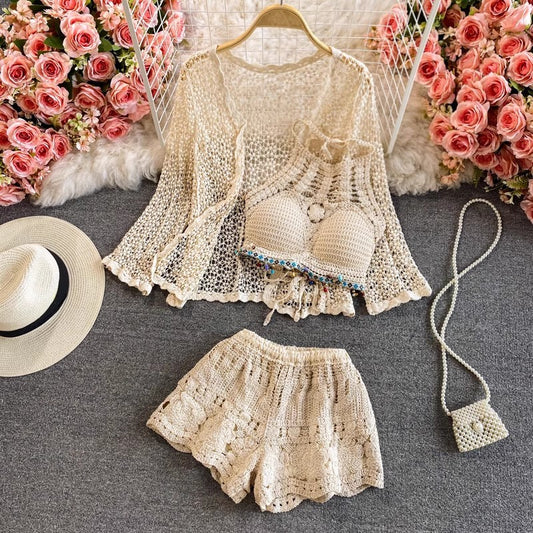 High Waist Cardigan Jacket Crocheted Beach Holiday Hot Summer Casual clothing set