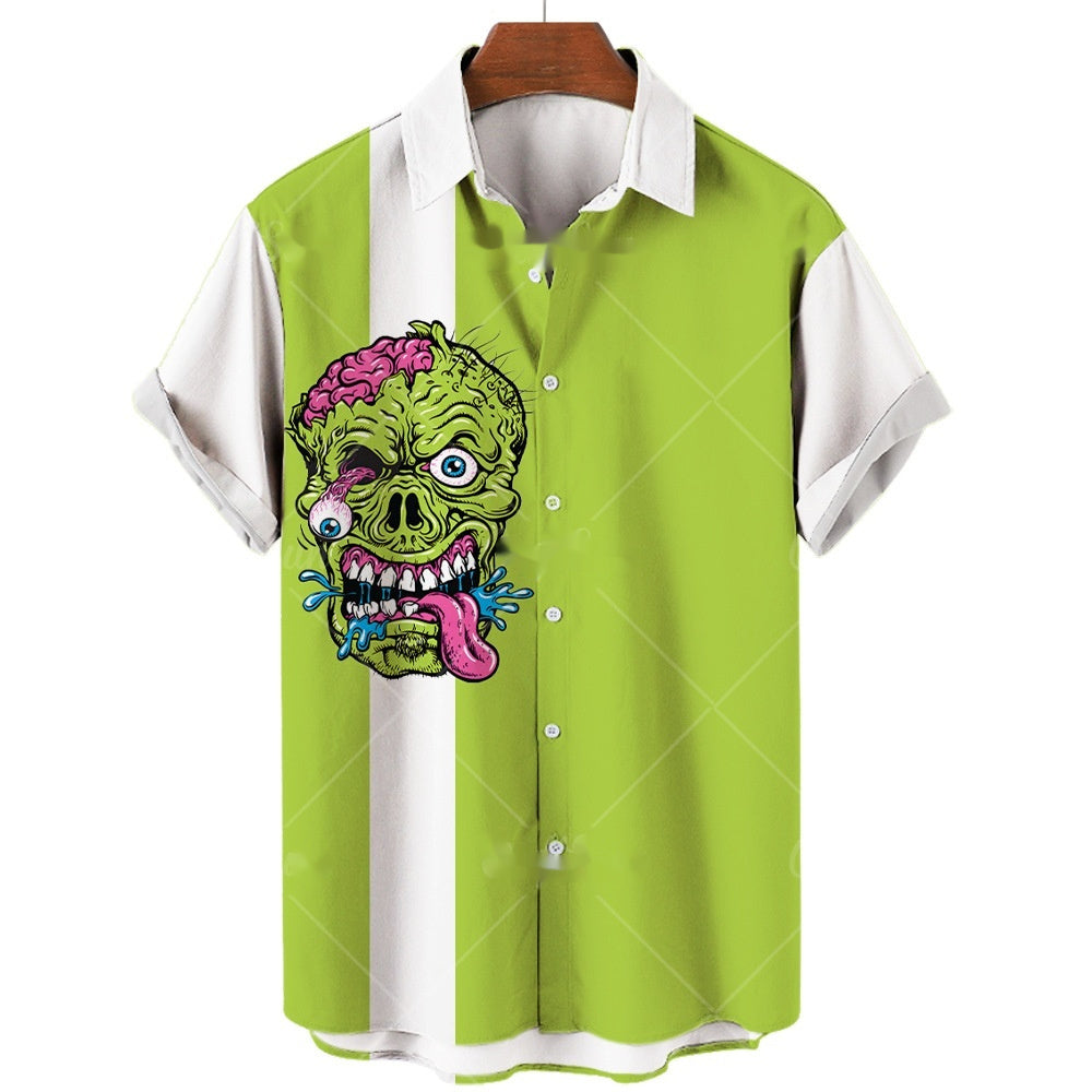 Men's Short-sleeve Lapel Shirt 3D Digital Skull Printed Shirt