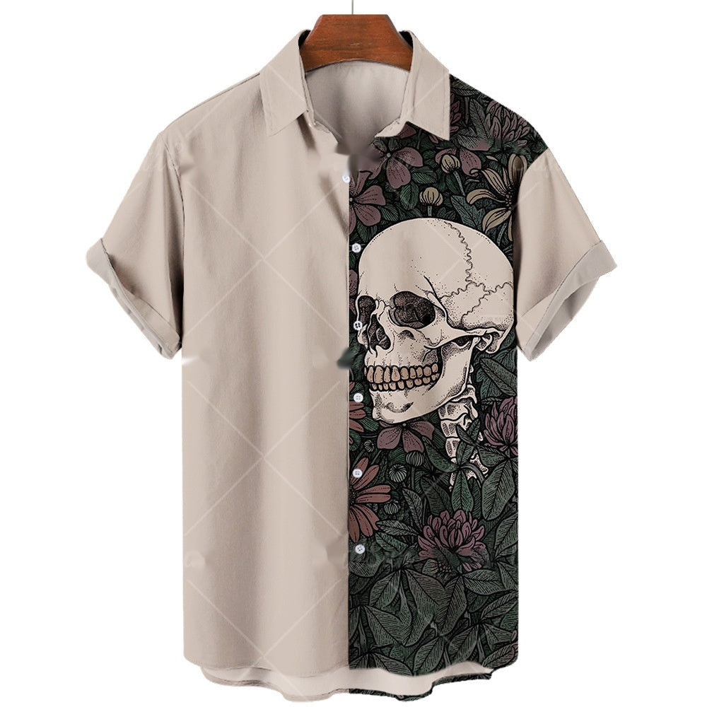 Men's Short-sleeve Lapel Shirt 3D Digital Skull Printed Shirt