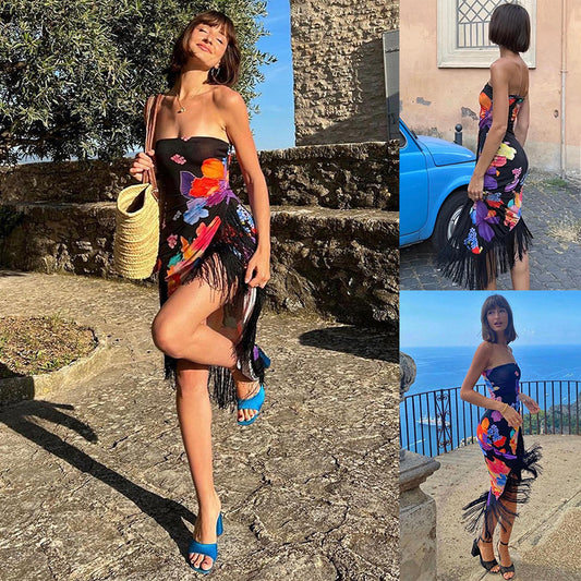 Print Tube Top Backless Sexy Slit Dress