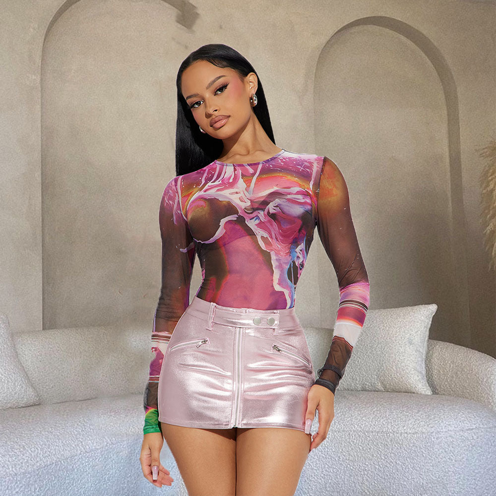 Long Sleeve Mesh Printed Body suit