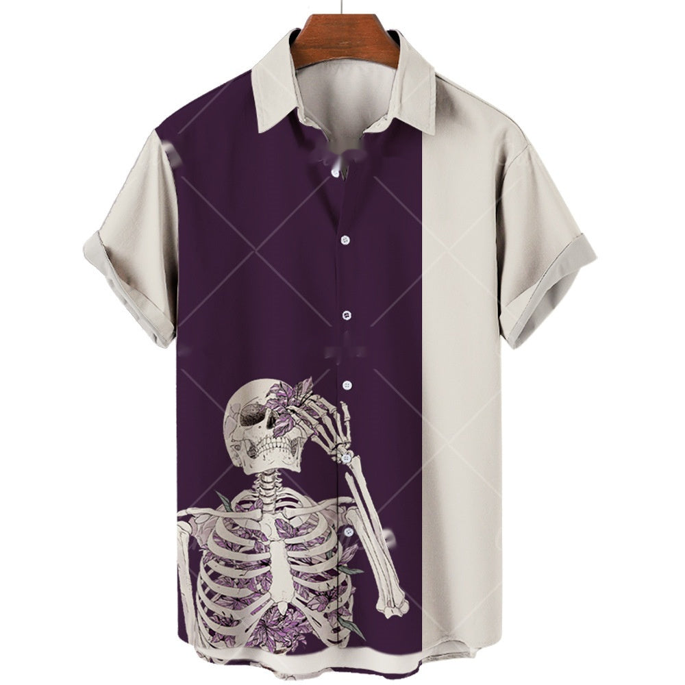 Men's Short-sleeve Lapel Shirt 3D Digital Skull Printed Shirt