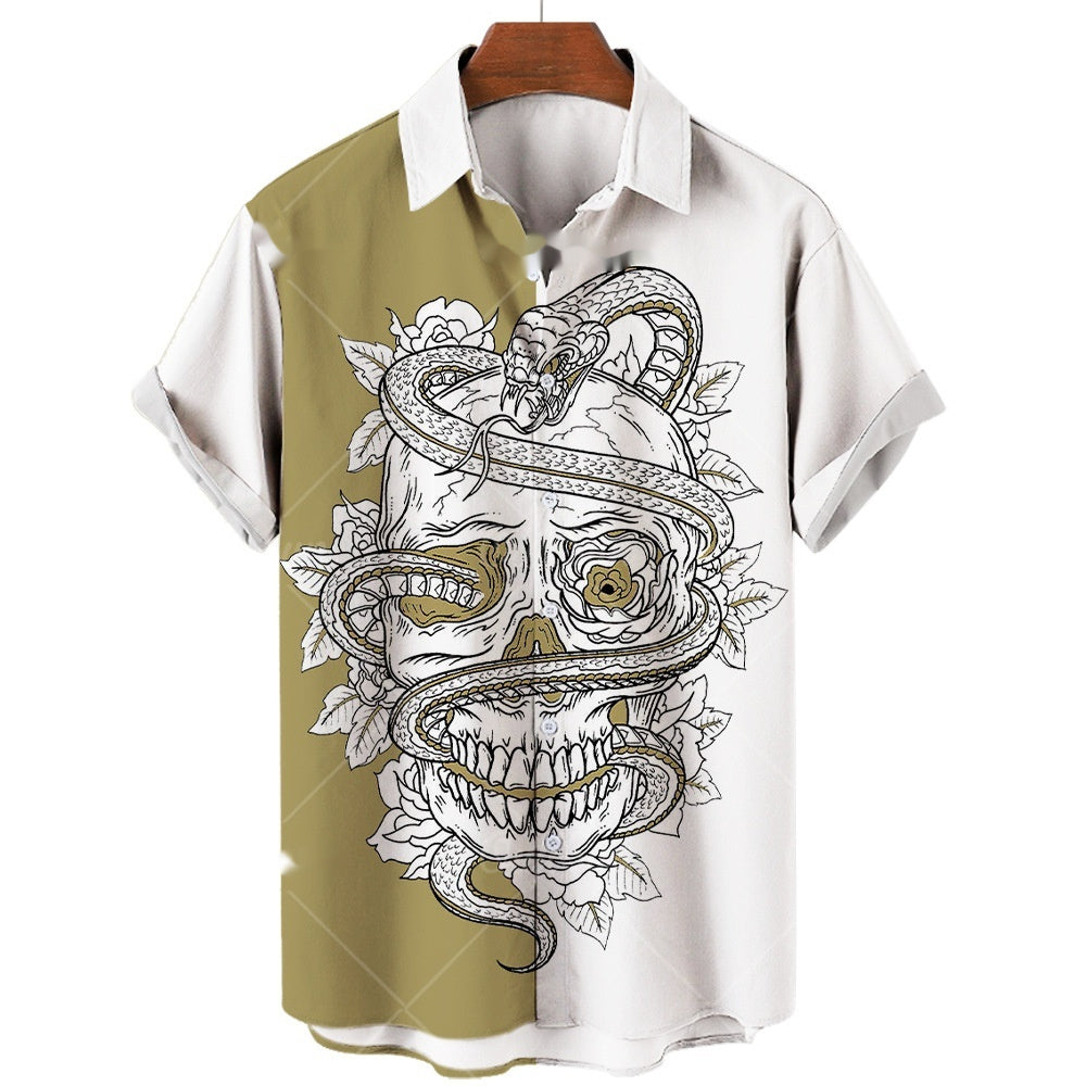 Men's Short-sleeve Lapel Shirt 3D Digital Skull Printed Shirt