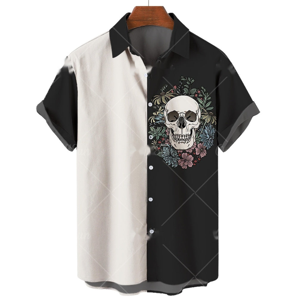 Men's Short-sleeve Lapel Shirt 3D Digital Skull Printed Shirt