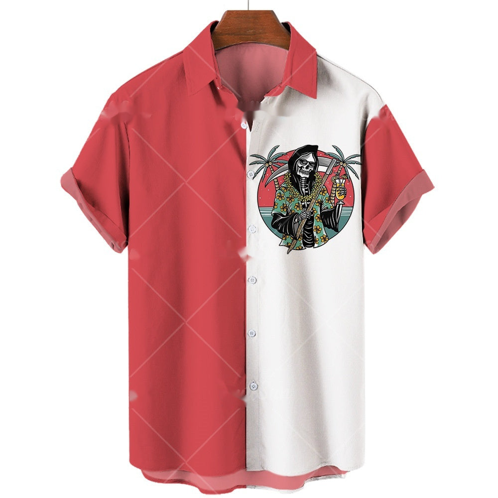 Men's Short-sleeve Lapel Shirt 3D Digital Skull Printed Shirt